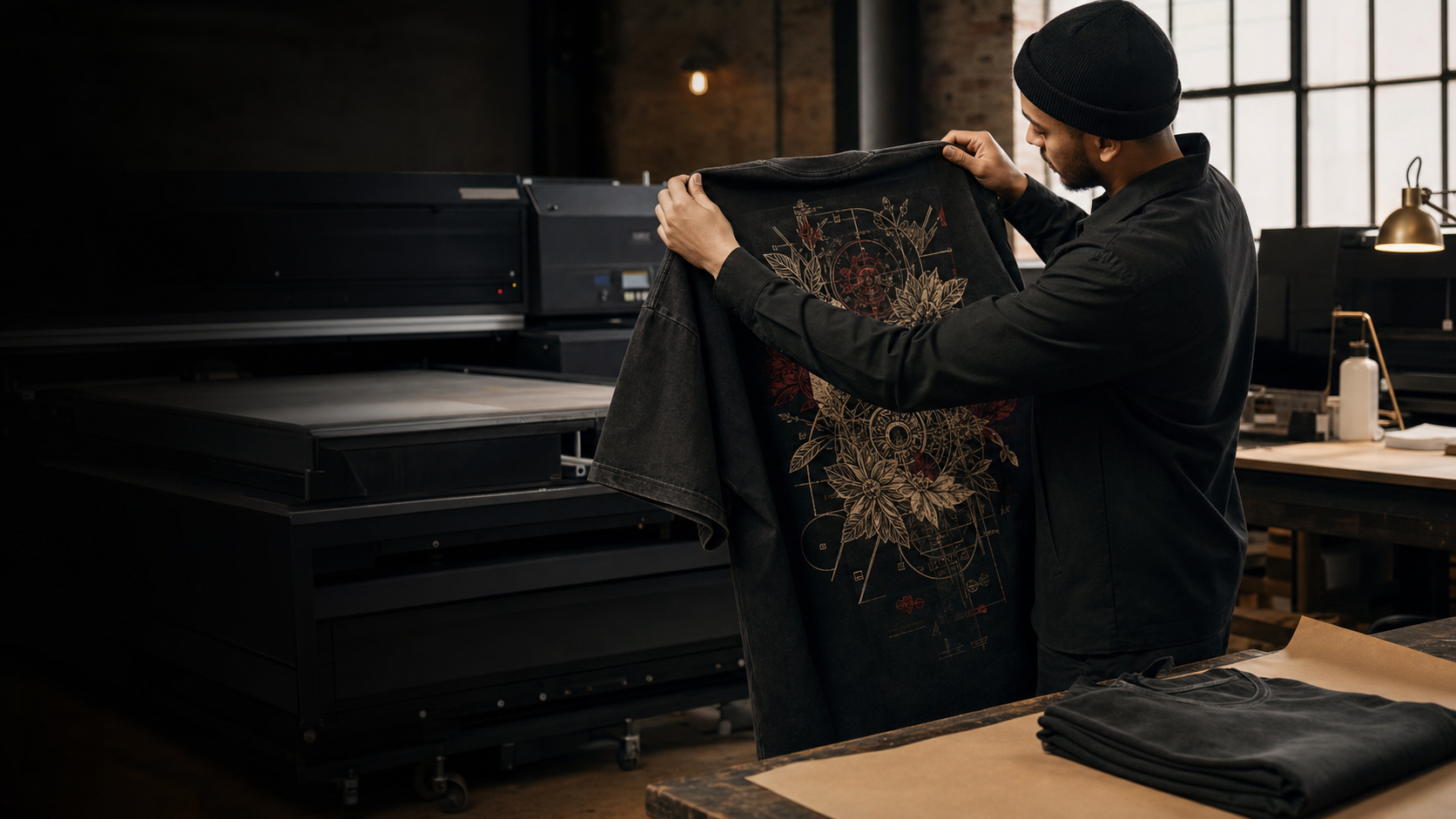 A Dallas Print House operator inspecting a jumbo DTG print beside an industrial garment printer